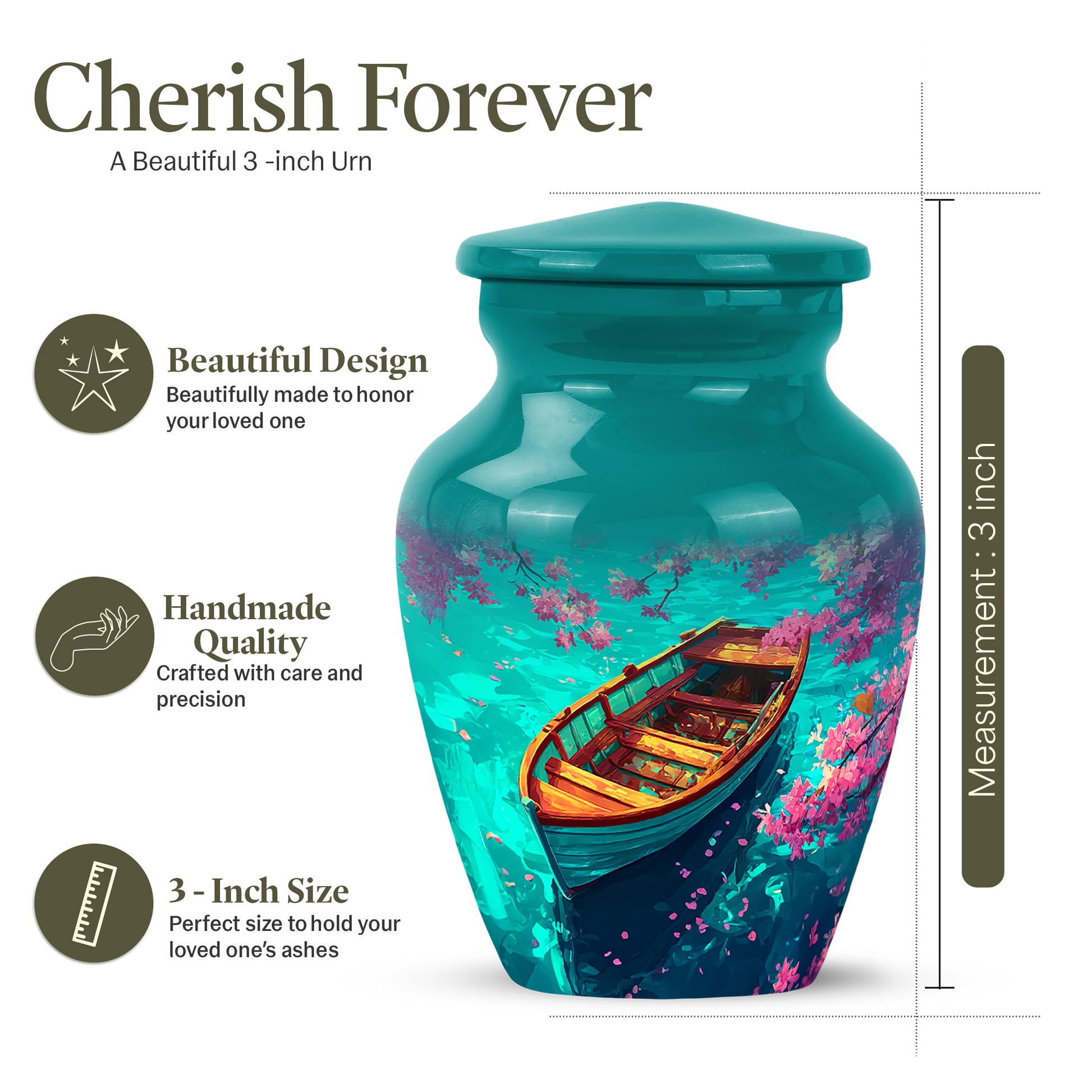 Deep Teal Boat Cremation Urn close-up of engraving and surface detail - elegant classic boat relief with fine detailing - mini keepsake memorial for portion of cremation ashes