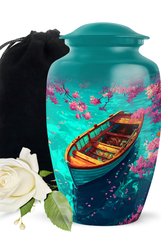 Deep Teal Boat Cremation Urn angled view of lid and engraved motif - traditional boat engraving with hand-polished finish - full-size 10 inch 200 cubic inch adult cremation urn