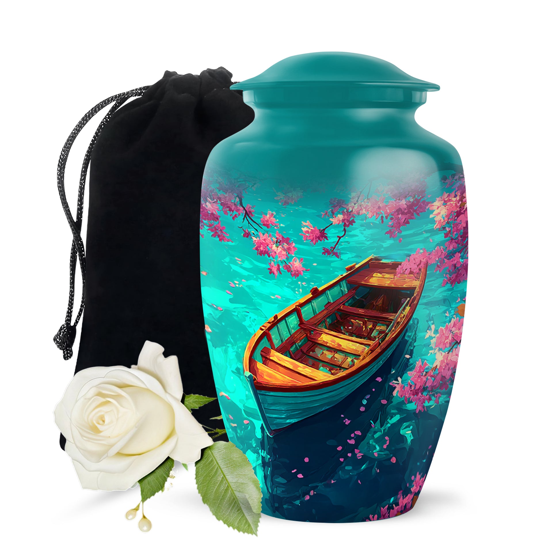 Deep Teal Boat Cremation Urn angled view of lid and engraved motif - traditional boat engraving with hand-polished finish - full-size 10 inch 200 cubic inch adult cremation urn