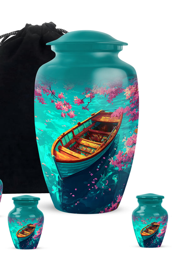 Soft Teal Boat Cremation Urn top-down view of secure threaded lid - timeless boat motif etched into premium metal - memorial set with one large and four small urns