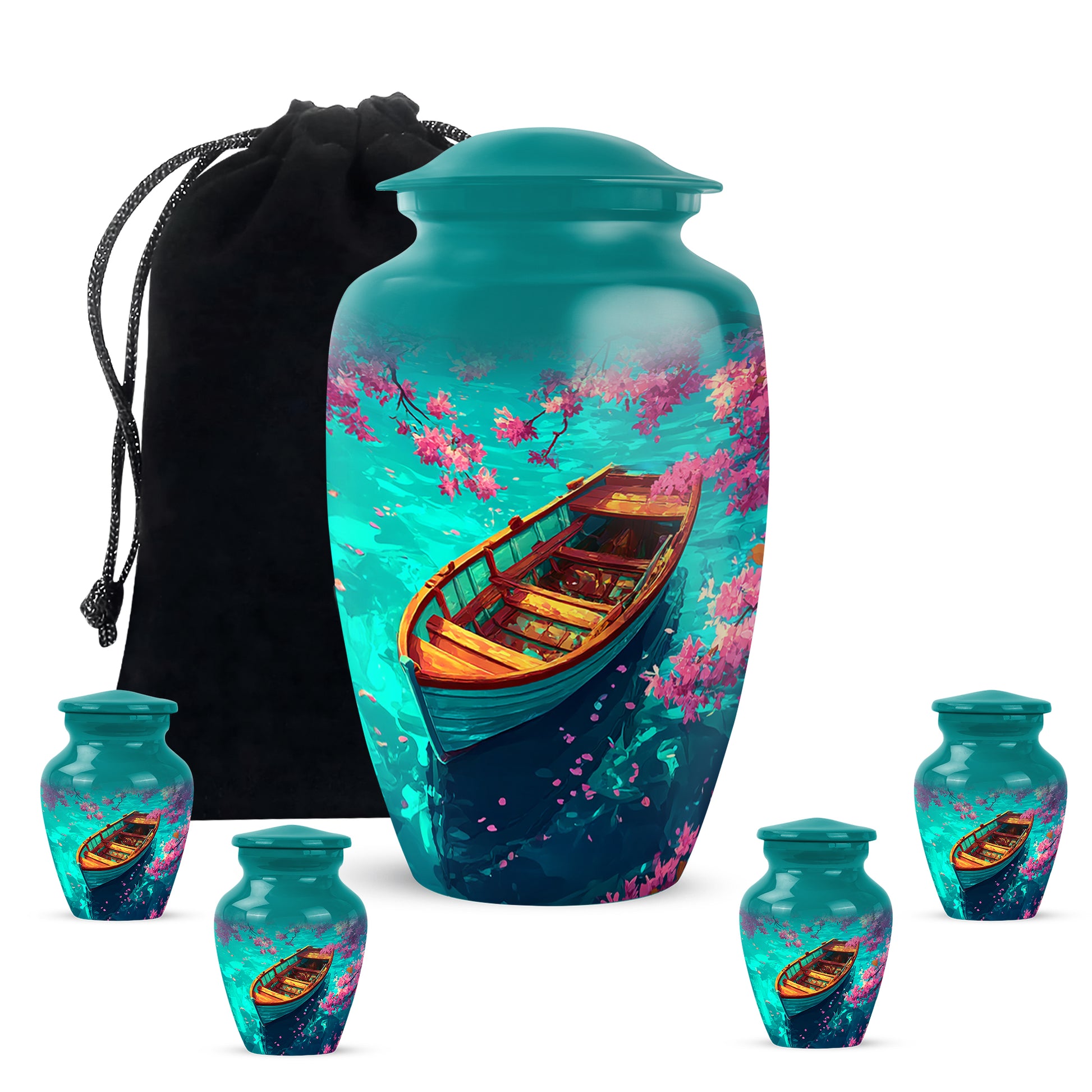 Soft Teal Boat Cremation Urn top-down view of secure threaded lid - timeless boat motif etched into premium metal - memorial set with one large and four small urns