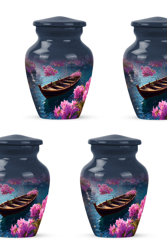 Sky Blue Boat Cremation Urn side profile showing urn shape - classic sculpted boat pattern on smooth aluminum - 10 inch aluminum urn for cremated remains