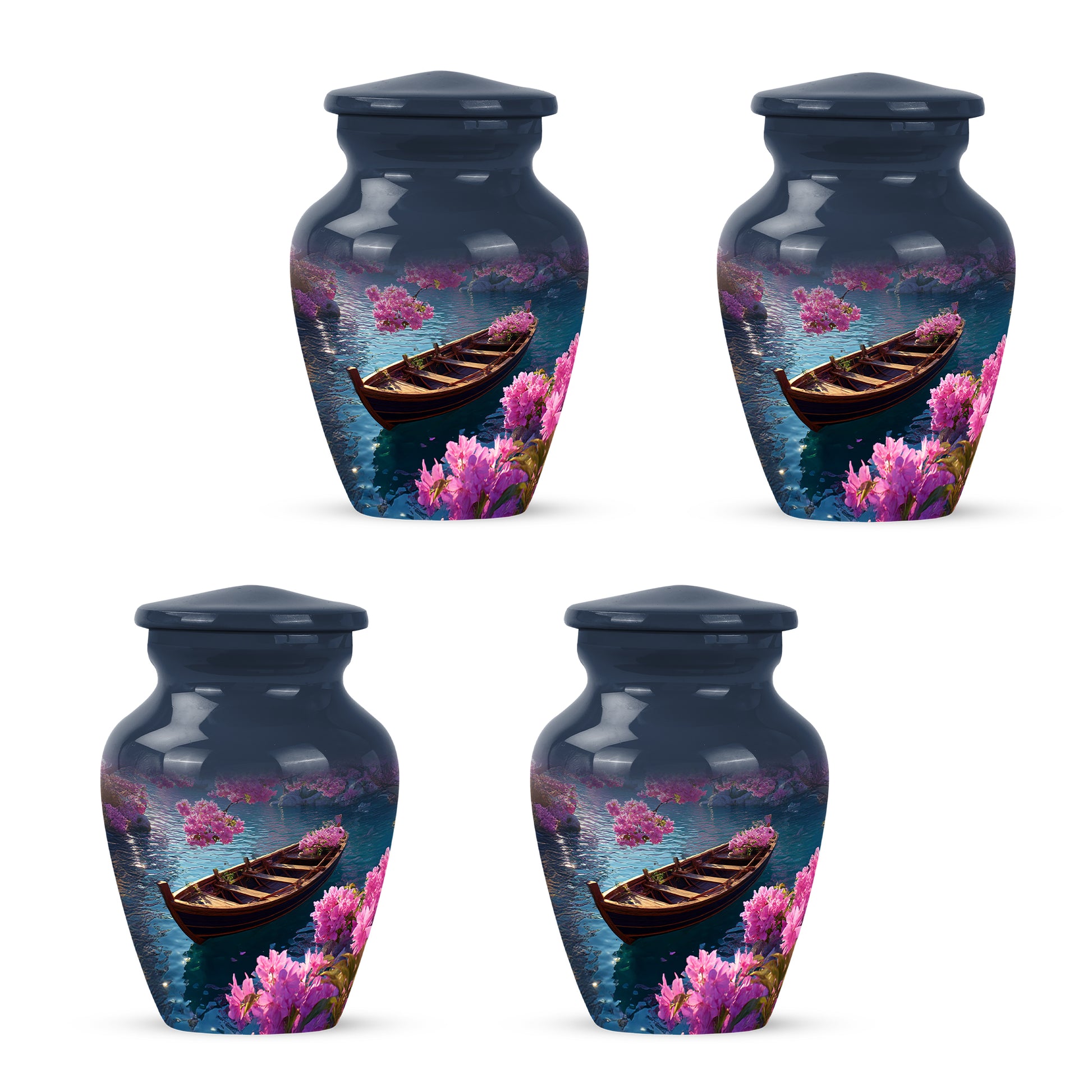 Sky Blue Boat Cremation Urn side profile showing urn shape - classic sculpted boat pattern on smooth aluminum - 10 inch aluminum urn for cremated remains
