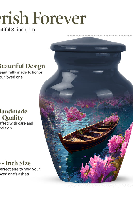 Azure Boat Cremation Urn close-up of engraving and surface detail - timeless boat motif etched into premium metal - mini keepsake memorial for portion of cremation ashes