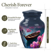 Azure Boat Cremation Urn close-up of engraving and surface detail - timeless boat motif etched into premium metal - mini keepsake memorial for portion of cremation ashes