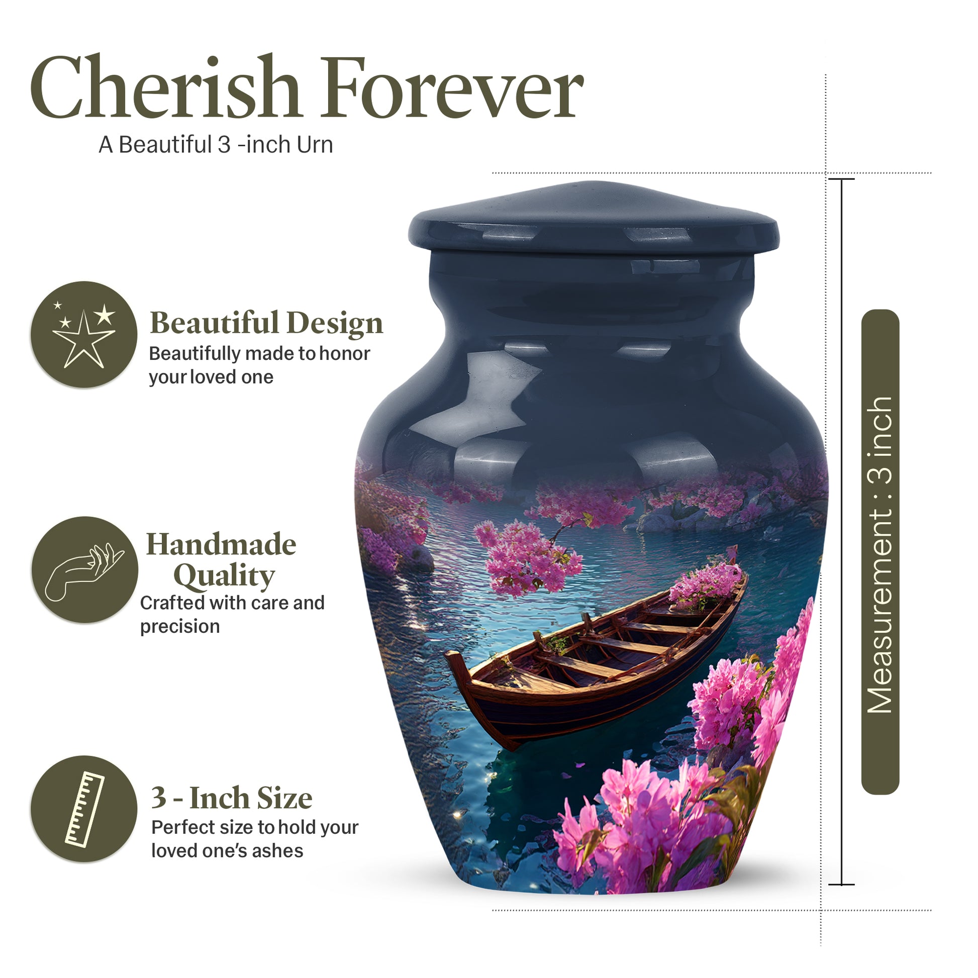 Azure Boat Cremation Urn close-up of engraving and surface detail - timeless boat motif etched into premium metal - mini keepsake memorial for portion of cremation ashes