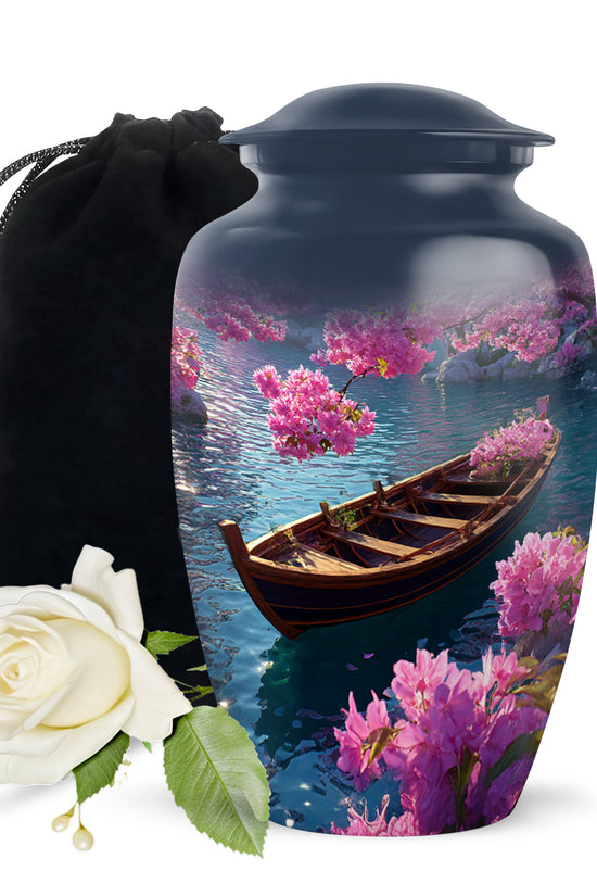 Soft Blue Boat Cremation Urn angled view of lid and engraved motif - traditional boat engraving with hand-polished finish - full-size 10 inch 200 cubic inch adult cremation urn