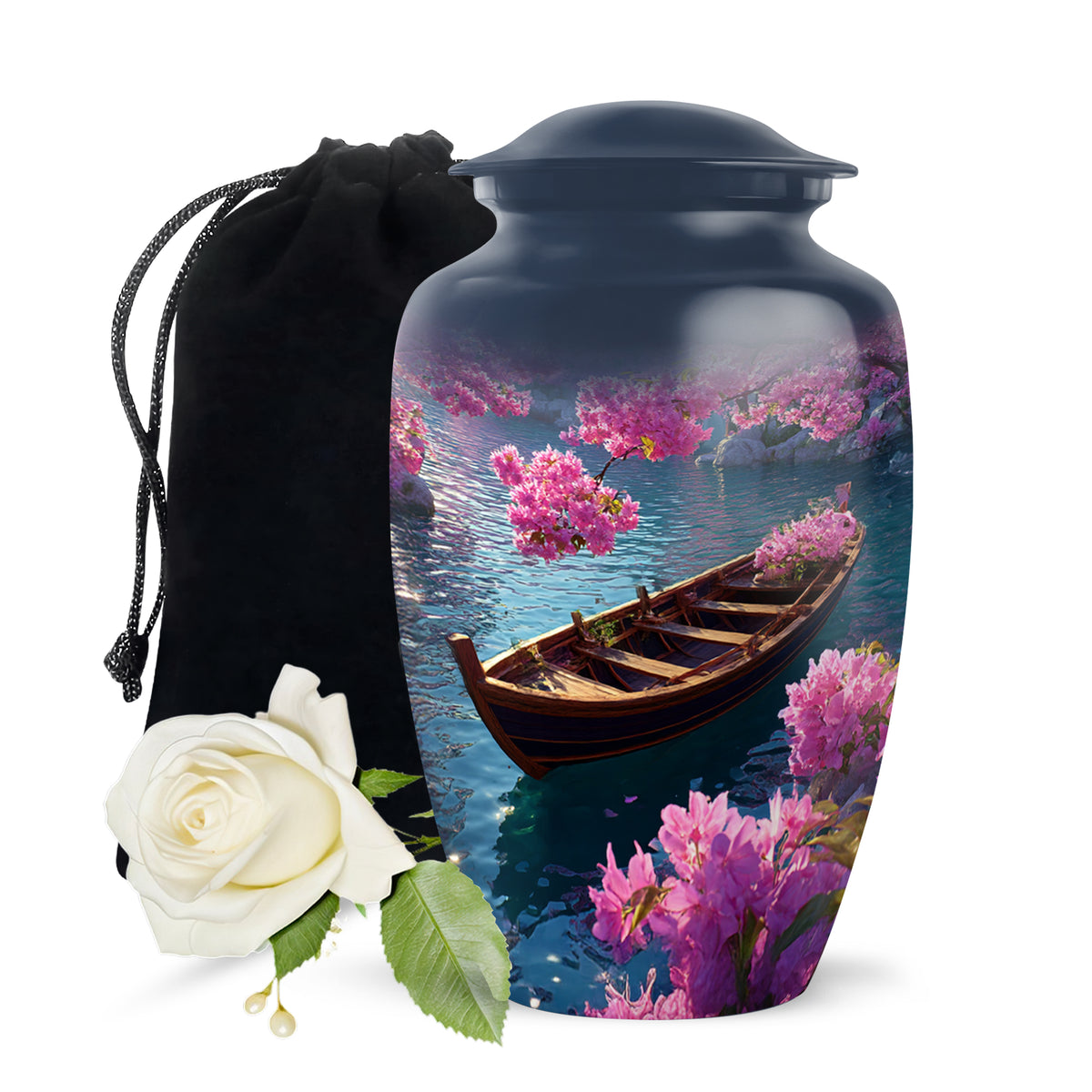 Soft Blue Boat Cremation Urn angled view of lid and engraved motif - traditional boat engraving with hand-polished finish - full-size 10 inch 200 cubic inch adult cremation urn
