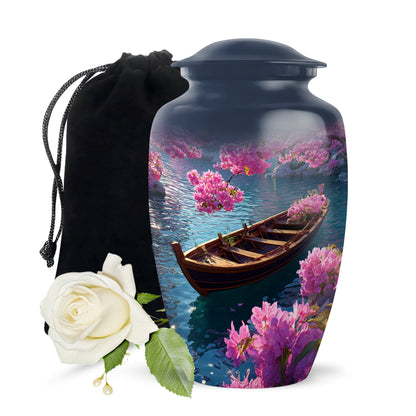 Soft Blue Boat Cremation Urn angled view of lid and engraved motif - traditional boat engraving with hand-polished finish - full-size 10 inch 200 cubic inch adult cremation urn