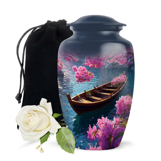 Soft Blue Boat Cremation Urn angled view of lid and engraved motif - traditional boat engraving with hand-polished finish - full-size 10 inch 200 cubic inch adult cremation urn