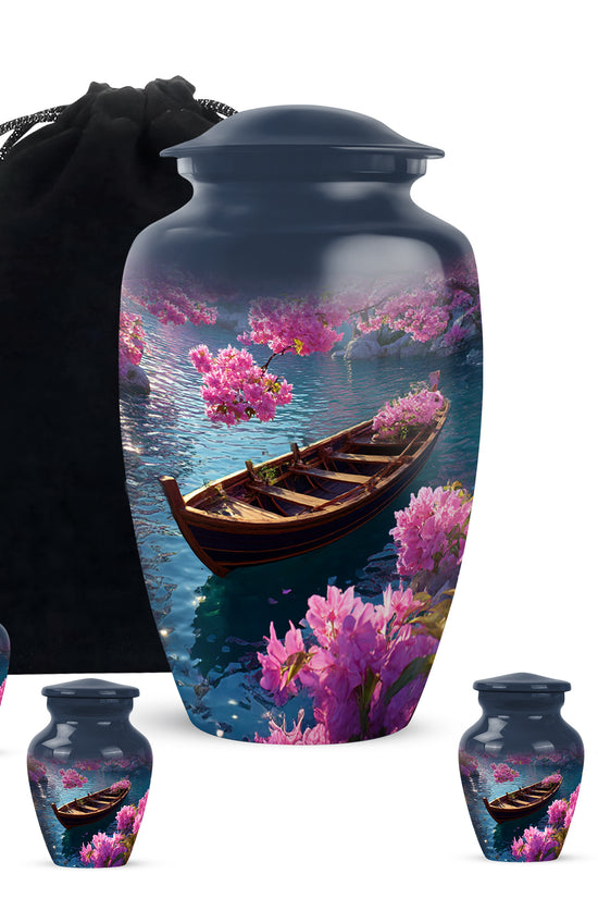 Serene Blue Boat Cremation Urn top-down view of secure threaded lid - elegant classic boat relief with fine detailing - memorial set with one large and four small urns