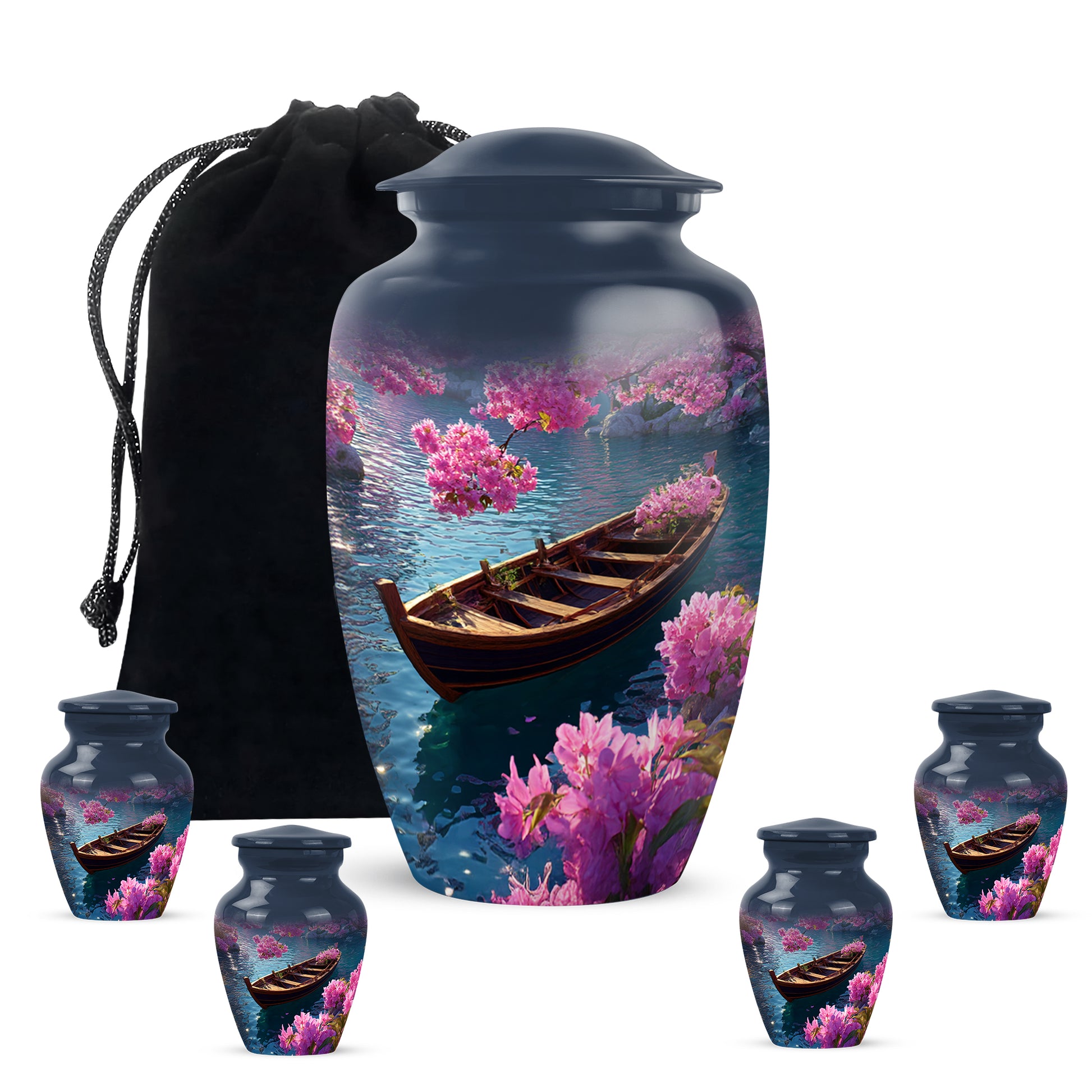Serene Blue Boat Cremation Urn top-down view of secure threaded lid - elegant classic boat relief with fine detailing - memorial set with one large and four small urns