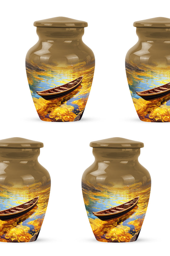 Sunrise Gold Boat Cremation Urn side profile showing urn shape - classic sculpted boat pattern on smooth aluminum - 10 inch aluminum urn for cremated remains