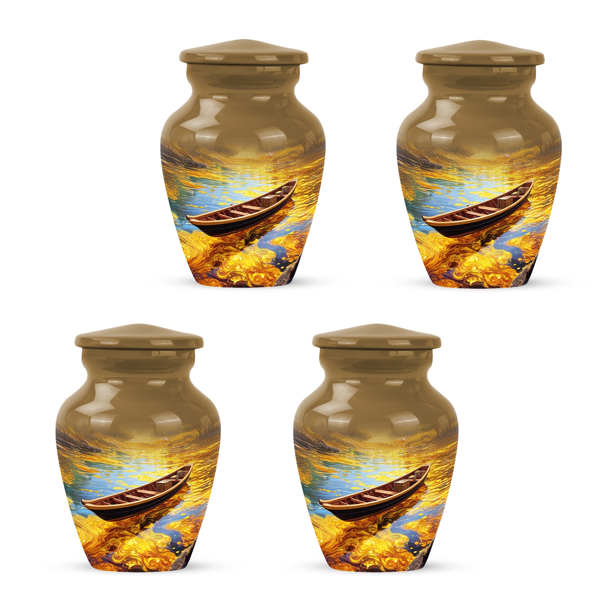 Sunrise Gold Boat Cremation Urn side profile showing urn shape - classic sculpted boat pattern on smooth aluminum - 10 inch aluminum urn for cremated remains