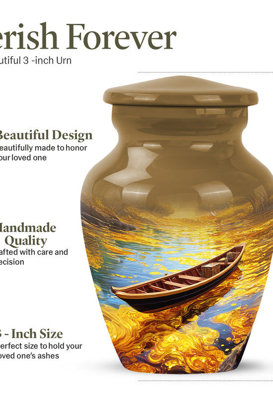 Harvest Gold Boat Cremation Urn close-up of engraving and surface detail - elegant classic boat relief with fine detailing - mini keepsake memorial for portion of cremation ashes