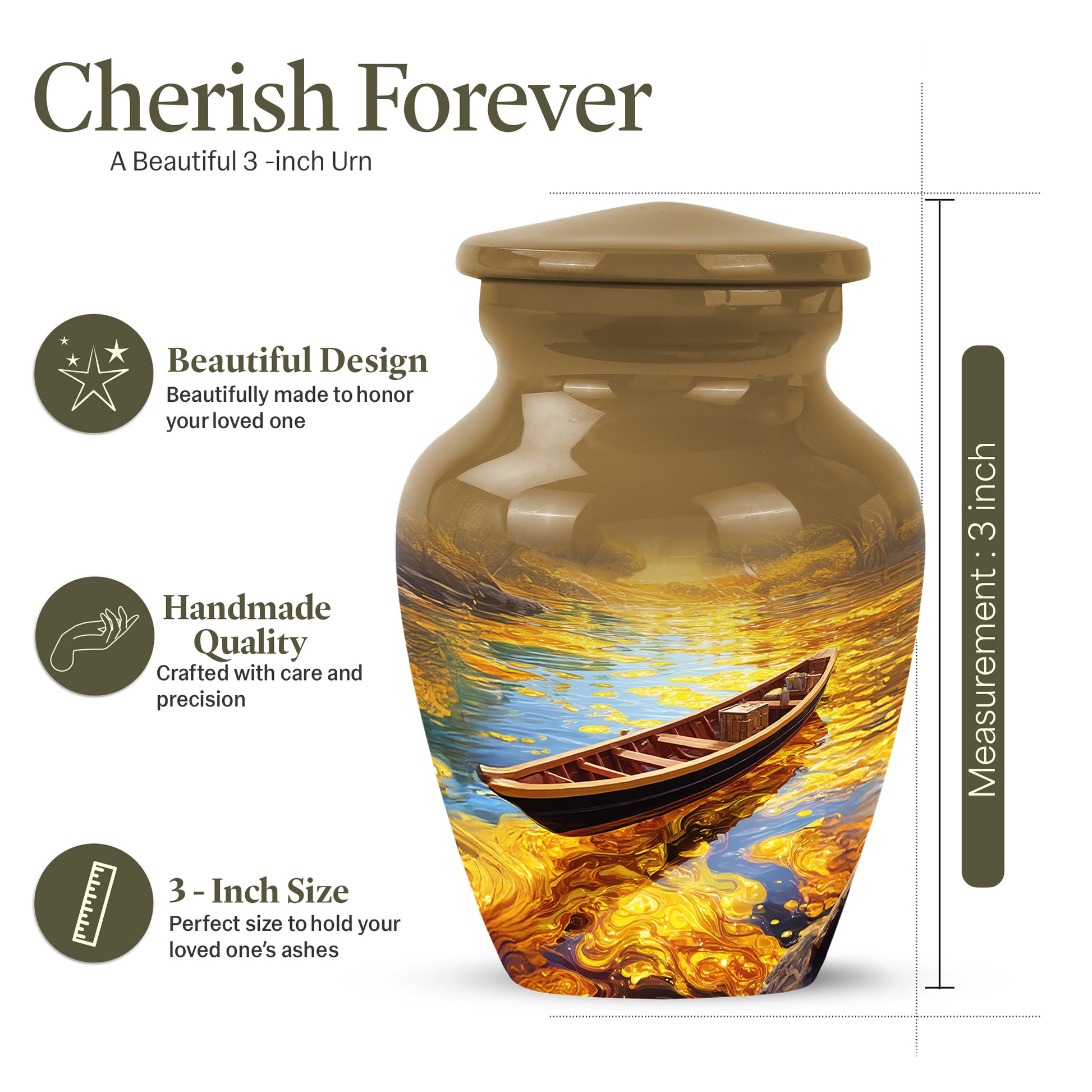 Harvest Gold Boat Cremation Urn close-up of engraving and surface detail - elegant classic boat relief with fine detailing - mini keepsake memorial for portion of cremation ashes