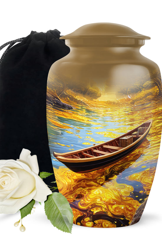 Gilded Gold Boat Cremation Urn angled view of lid and engraved motif - classic sculpted boat pattern on smooth aluminum - full-size 10 inch 200 cubic inch adult cremation urn