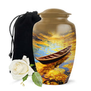 Gilded Gold Boat Cremation Urn angled view of lid and engraved motif - classic sculpted boat pattern on smooth aluminum - full-size 10 inch 200 cubic inch adult cremation urn