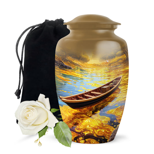 Gilded Gold Boat Cremation Urn angled view of lid and engraved motif - classic sculpted boat pattern on smooth aluminum - full-size 10 inch 200 cubic inch adult cremation urn