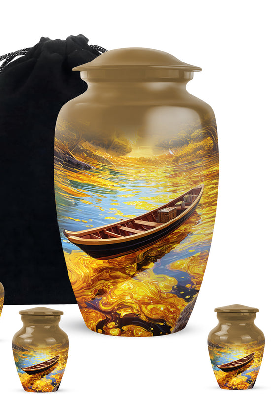 Gilded Gold Boat Cremation Urn top-down view of secure threaded lid - timeless boat motif etched into premium metal - memorial set with one large and four small urns