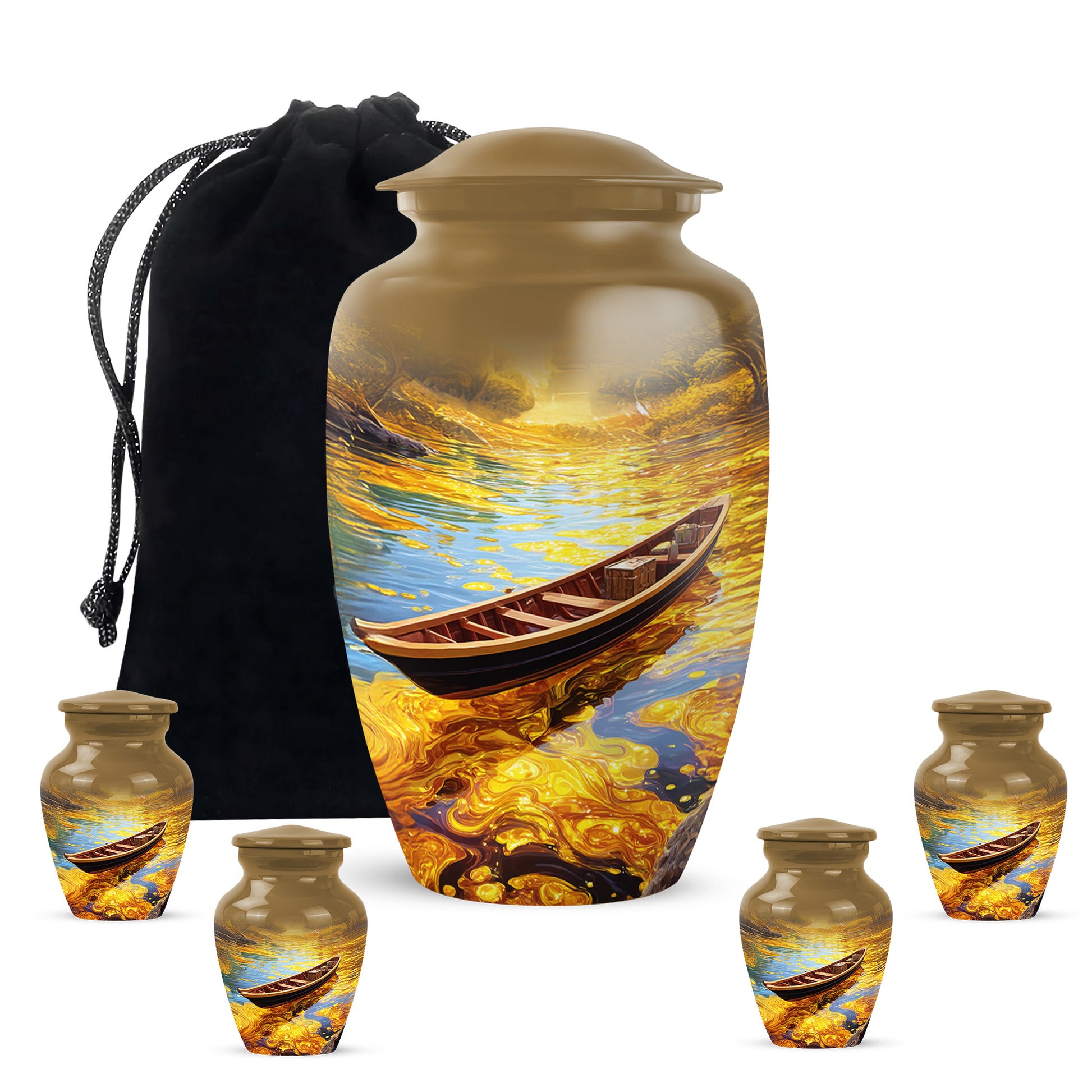 Gilded Gold Boat Cremation Urn top-down view of secure threaded lid - timeless boat motif etched into premium metal - memorial set with one large and four small urns