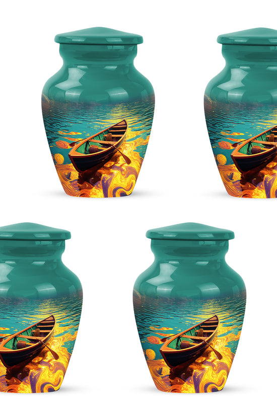 Mystic Teal Boat Cremation Urn side profile showing urn shape - elegant classic boat relief with fine detailing - 10 inch aluminum urn for cremated remains