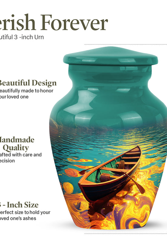 Jewel Teal Boat Cremation Urn close-up of engraving and surface detail - timeless boat motif etched into premium metal - mini keepsake memorial for portion of cremation ashes