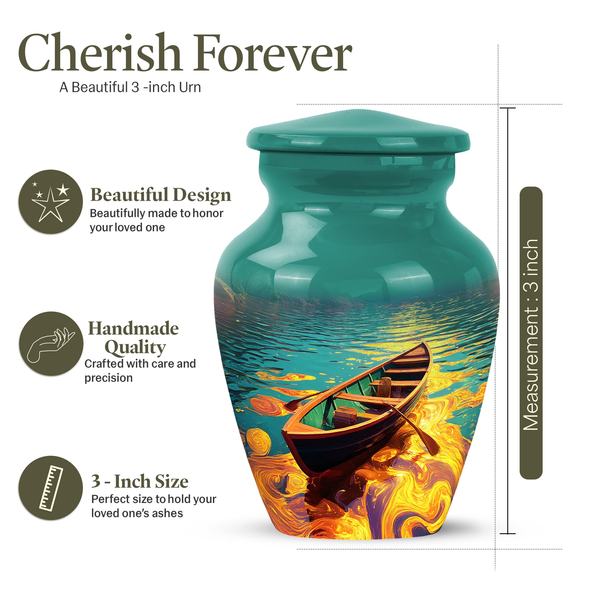 Jewel Teal Boat Cremation Urn close-up of engraving and surface detail - timeless boat motif etched into premium metal - mini keepsake memorial for portion of cremation ashes