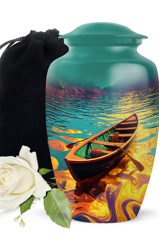 Ocean Teal Boat Cremation Urn angled view of lid and engraved motif - timeless boat motif etched into premium metal - full-size 10 inch 200 cubic inch adult cremation urn