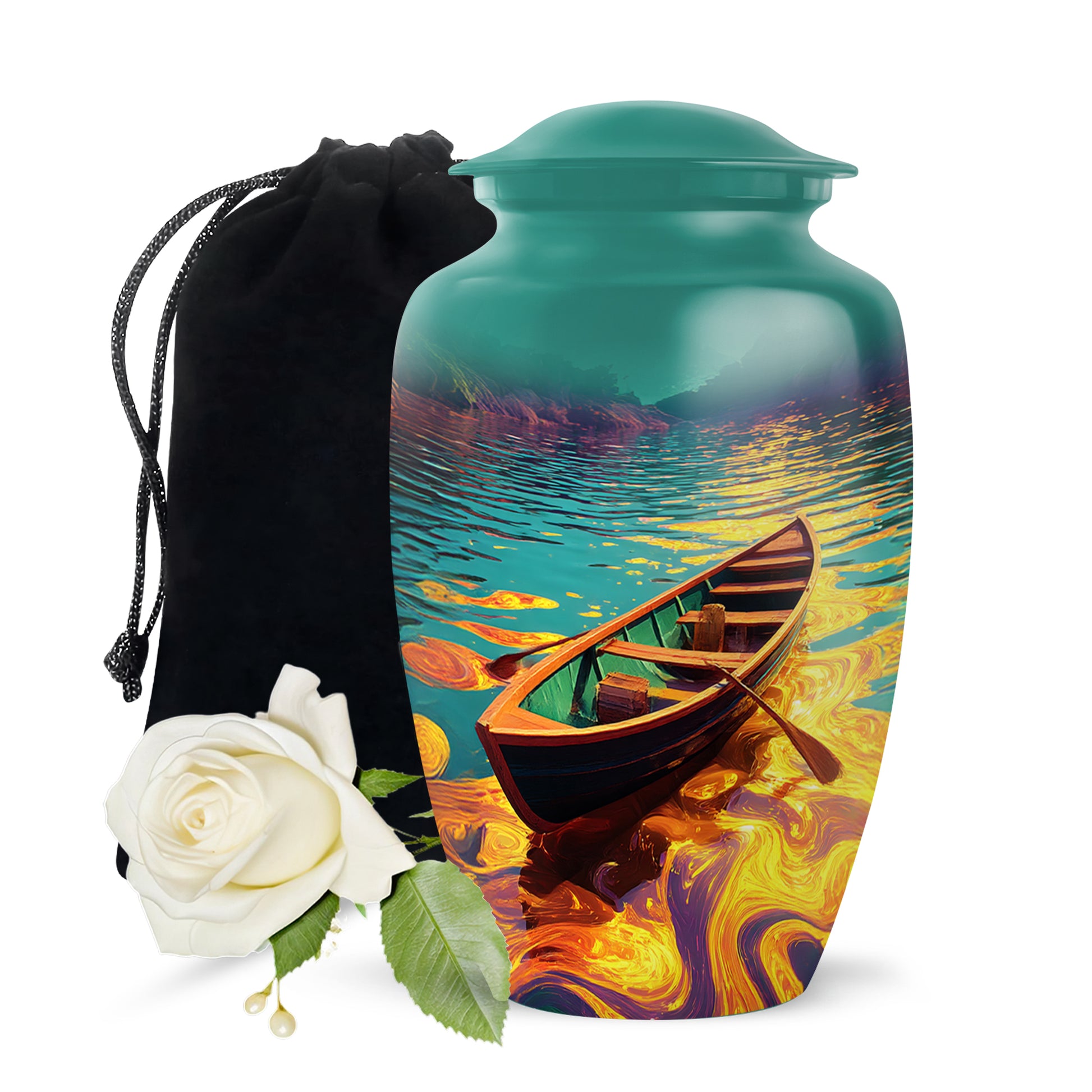 Ocean Teal Boat Cremation Urn angled view of lid and engraved motif - timeless boat motif etched into premium metal - full-size 10 inch 200 cubic inch adult cremation urn