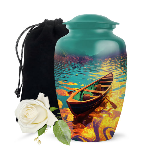Ocean Teal Boat Cremation Urn angled view of lid and engraved motif - timeless boat motif etched into premium metal - full-size 10 inch 200 cubic inch adult cremation urn