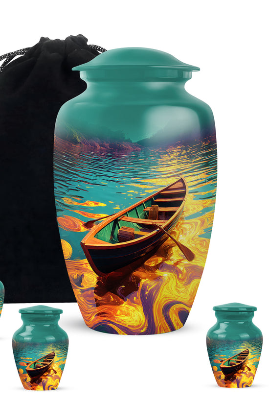 Aqua Teal Boat Cremation Urn top-down view of secure threaded lid - traditional boat engraving with hand-polished finish - memorial set with one large and four small urns