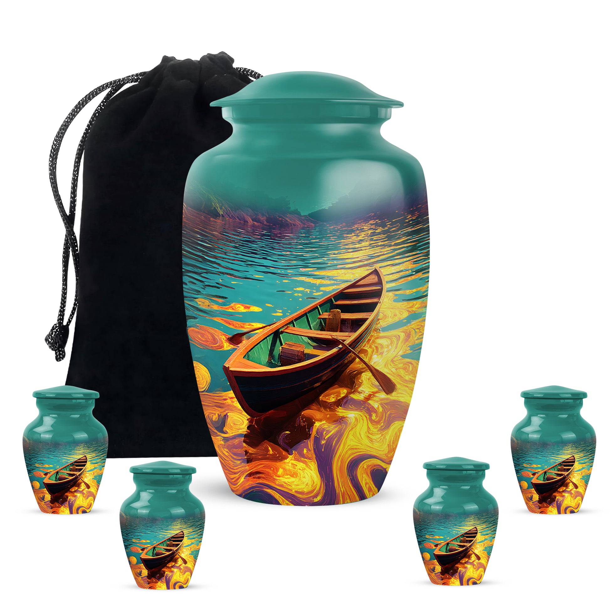 Aqua Teal Boat Cremation Urn top-down view of secure threaded lid - traditional boat engraving with hand-polished finish - memorial set with one large and four small urns