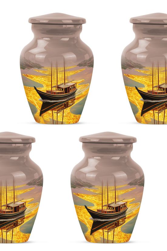 Warm Gold Boat Cremation Urn side profile showing urn shape - elegant classic boat relief with fine detailing - 10 inch aluminum urn for cremated remains