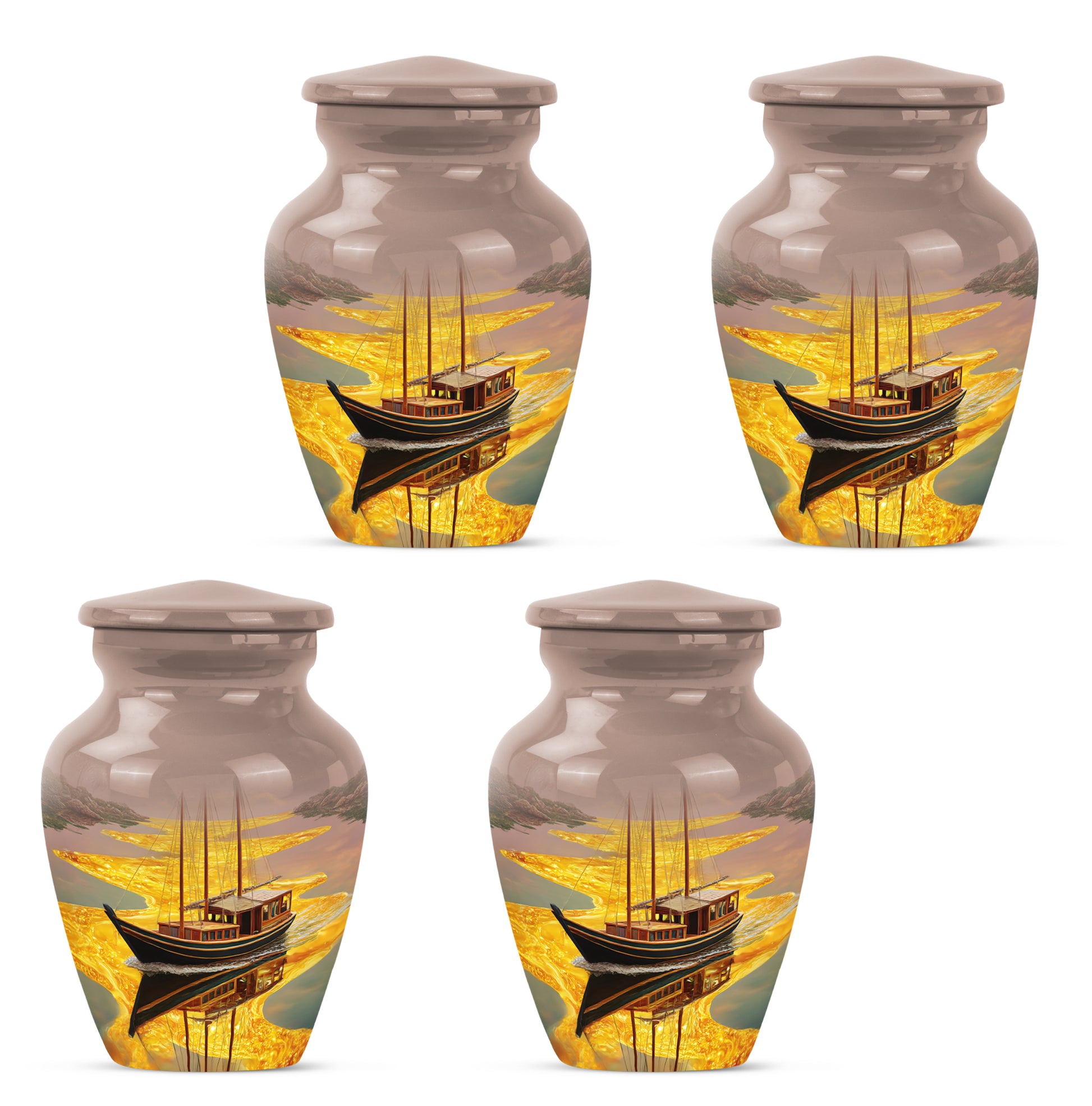 Warm Gold Boat Cremation Urn side profile showing urn shape - elegant classic boat relief with fine detailing - 10 inch aluminum urn for cremated remains