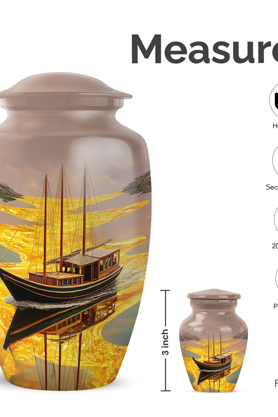 Champagne Gold Boat Cremation Urn close-up of engraving and surface detail - classic sculpted boat pattern on smooth aluminum - mini keepsake memorial for portion of cremation ashes