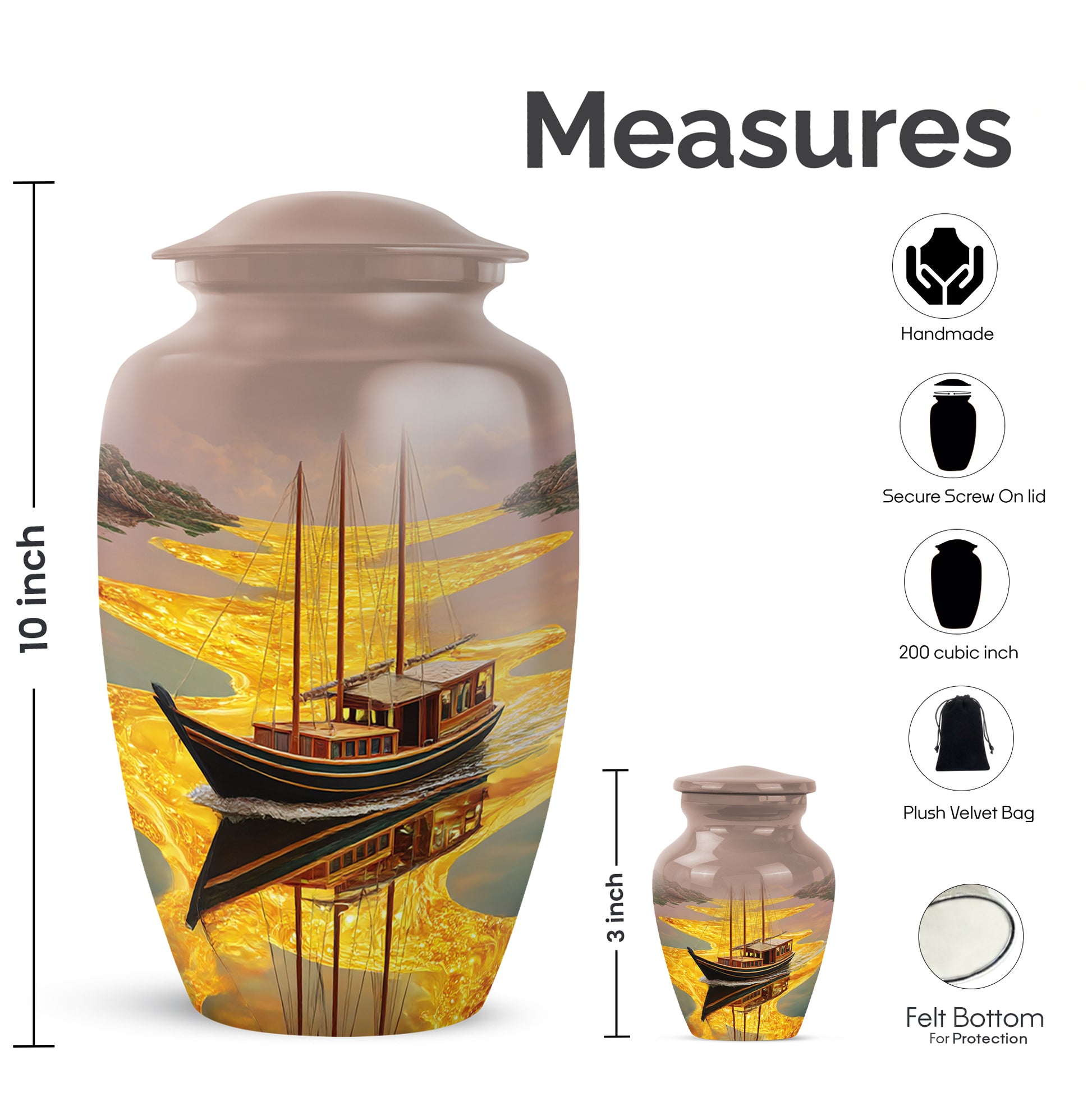Champagne Gold Boat Cremation Urn close-up of engraving and surface detail - classic sculpted boat pattern on smooth aluminum - mini keepsake memorial for portion of cremation ashes
