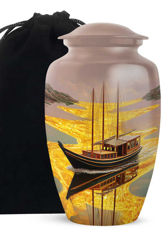 Burnished Gold Boat Cremation Urn angled view of lid and engraved motif - elegant classic boat relief with fine detailing - full-size 10 inch 200 cubic inch adult cremation urn