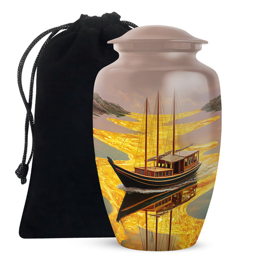 Burnished Gold Boat Cremation Urn angled view of lid and engraved motif - elegant classic boat relief with fine detailing - full-size 10 inch 200 cubic inch adult cremation urn