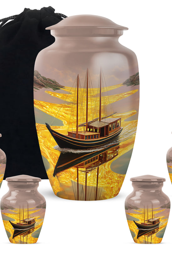 Burnished Gold Boat Cremation Urn top-down view of secure threaded lid - elegant classic boat relief with fine detailing - memorial set with one large and four small urns