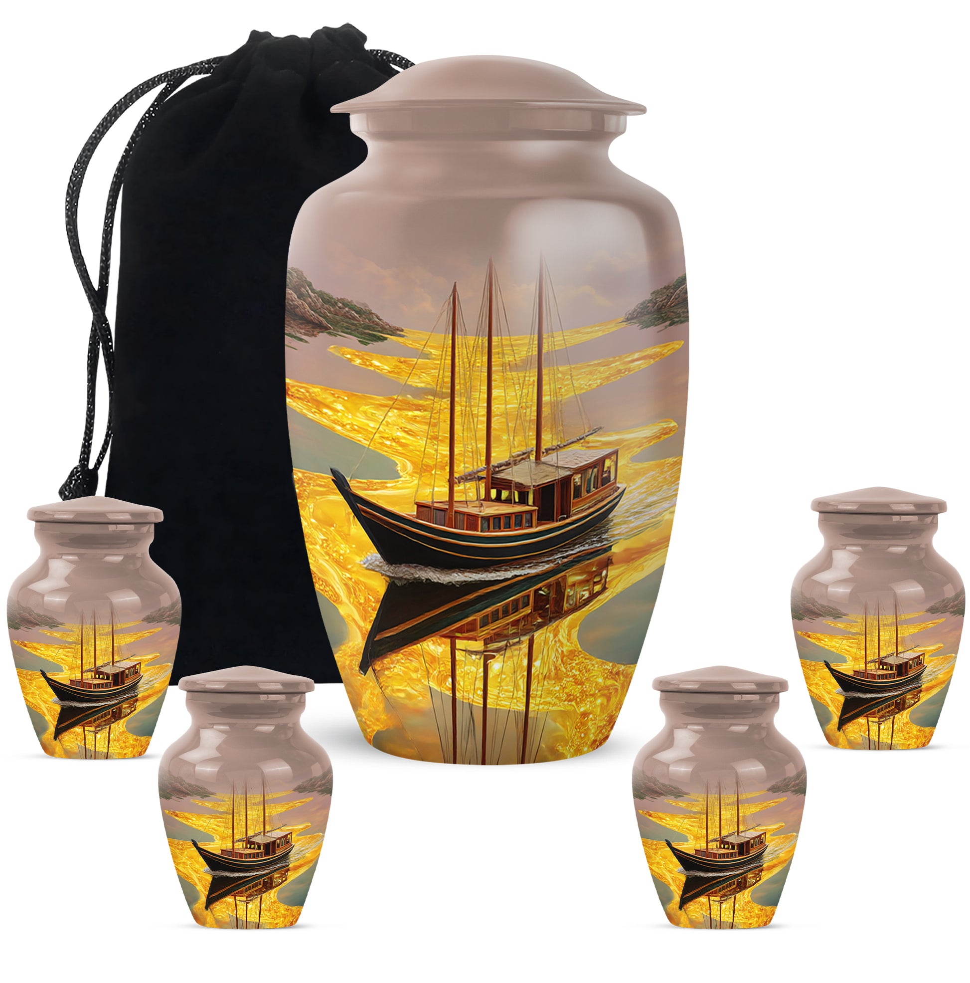 Burnished Gold Boat Cremation Urn top-down view of secure threaded lid - elegant classic boat relief with fine detailing - memorial set with one large and four small urns