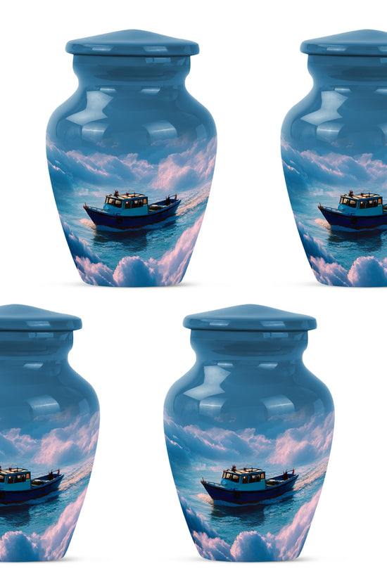 Vivid Blue Boat Cremation Urn side profile showing urn shape - elegant classic boat relief with fine detailing - 10 inch aluminum urn for cremated remains