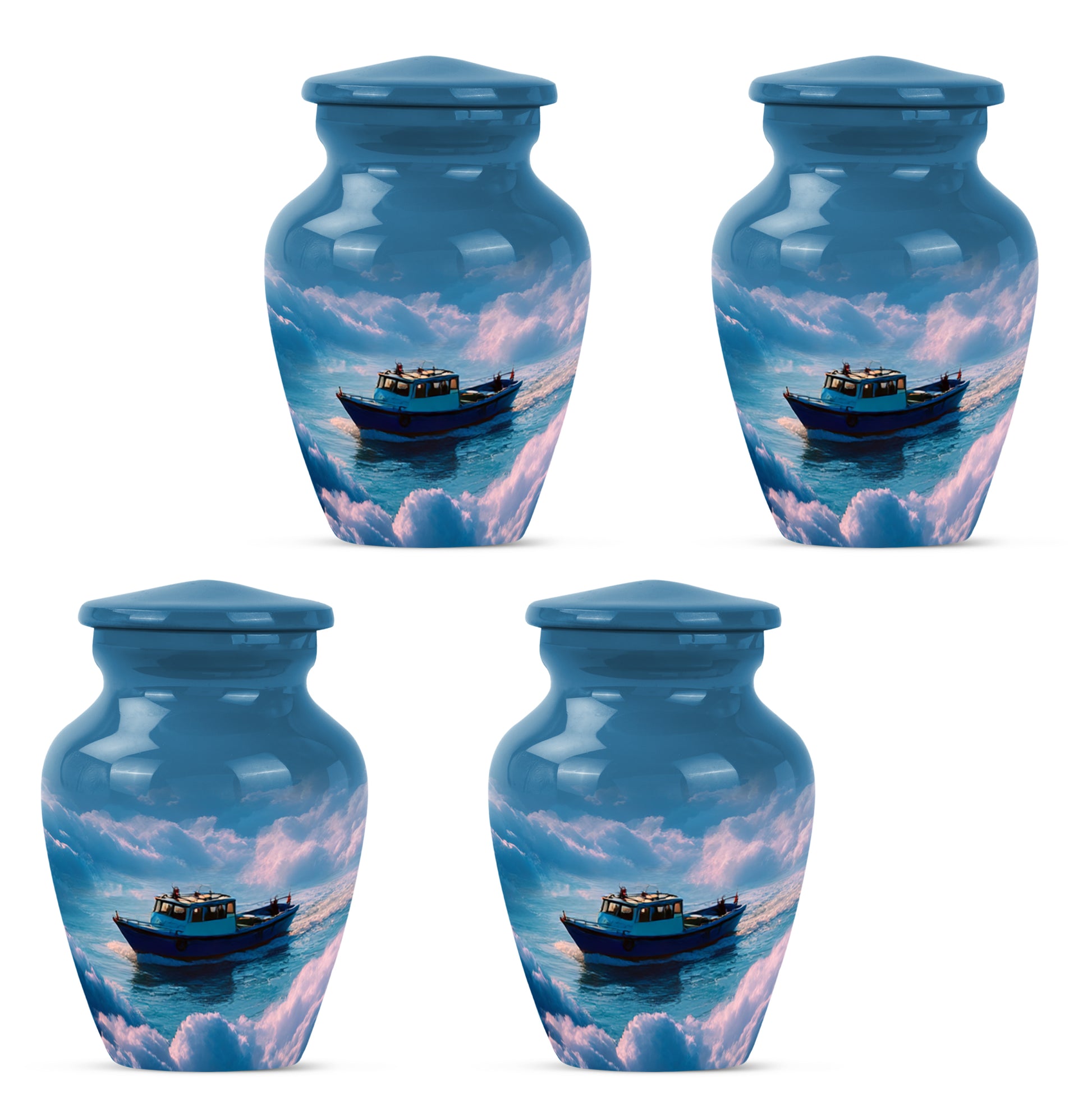 Vivid Blue Boat Cremation Urn side profile showing urn shape - elegant classic boat relief with fine detailing - 10 inch aluminum urn for cremated remains