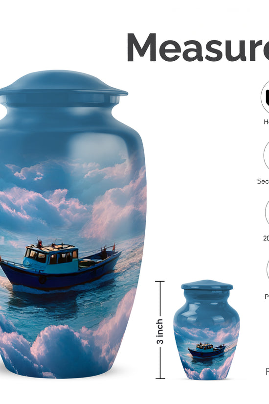 Steel Blue Boat Cremation Urn close-up of engraving and surface detail - traditional boat engraving with hand-polished finish - mini keepsake memorial for portion of cremation ashes