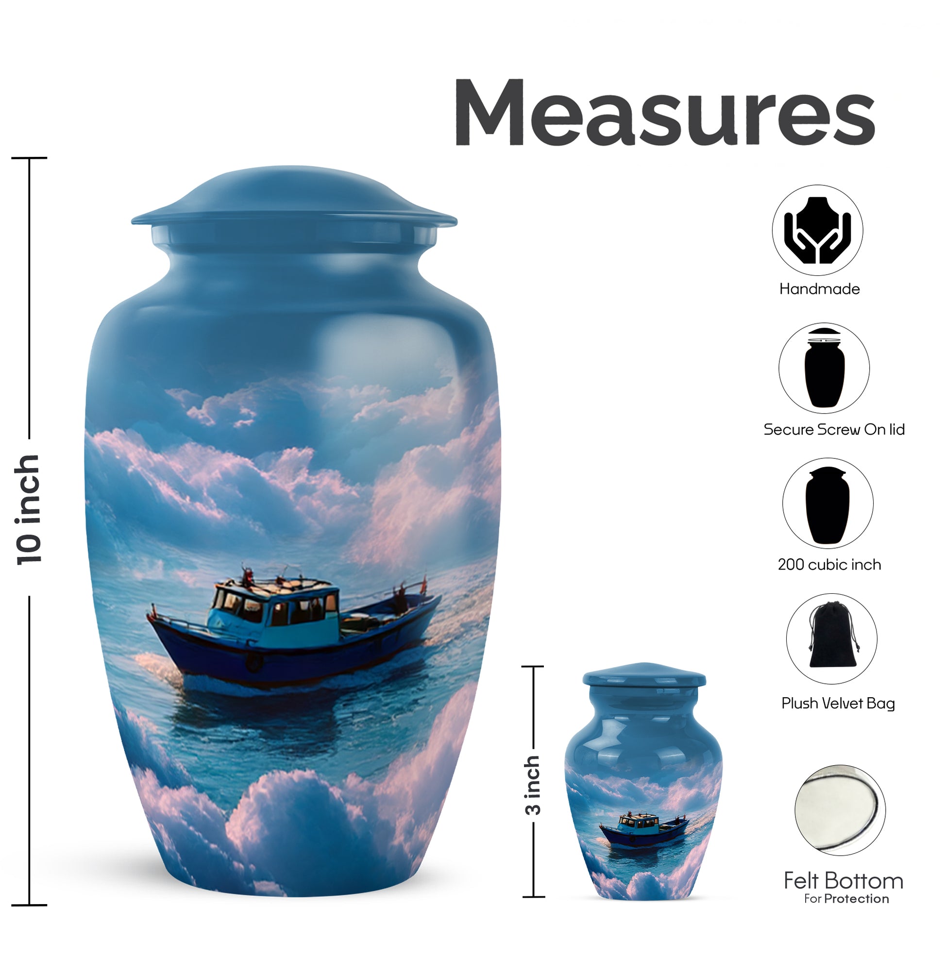 Steel Blue Boat Cremation Urn close-up of engraving and surface detail - traditional boat engraving with hand-polished finish - mini keepsake memorial for portion of cremation ashes