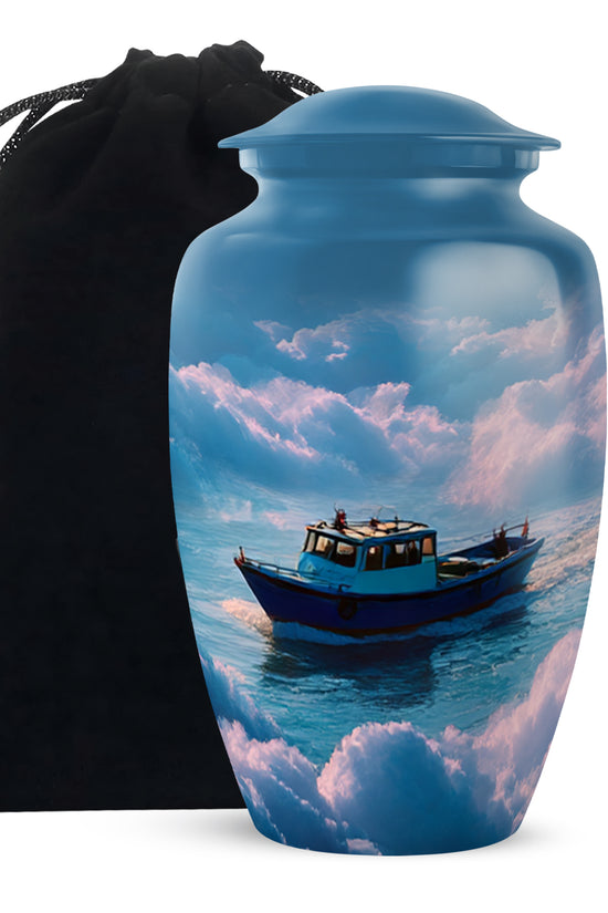 Royal Blue Boat Cremation Urn angled view of lid and engraved motif - traditional boat engraving with hand-polished finish - full-size 10 inch 200 cubic inch adult cremation urn