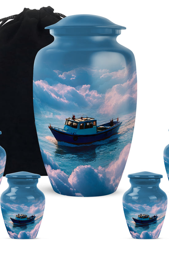 Slate Blue Boat Cremation Urn top-down view of secure threaded lid - timeless boat motif etched into premium metal - memorial set with one large and four small urns