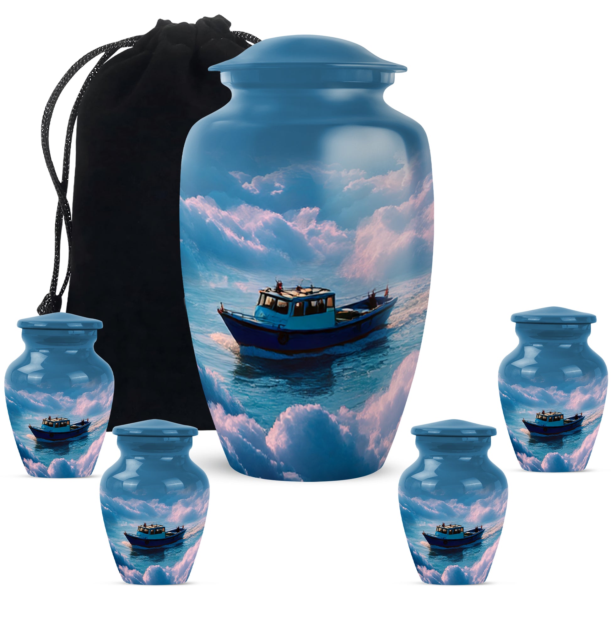 Slate Blue Boat Cremation Urn top-down view of secure threaded lid - timeless boat motif etched into premium metal - memorial set with one large and four small urns