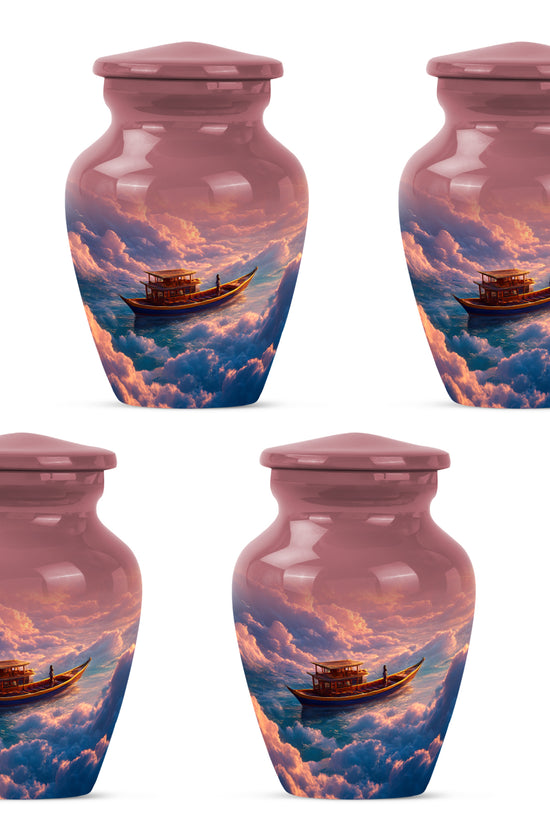 Burgundy Red Boat Cremation Urn side profile showing urn shape - timeless boat motif etched into premium metal - 10 inch aluminum urn for cremated remains