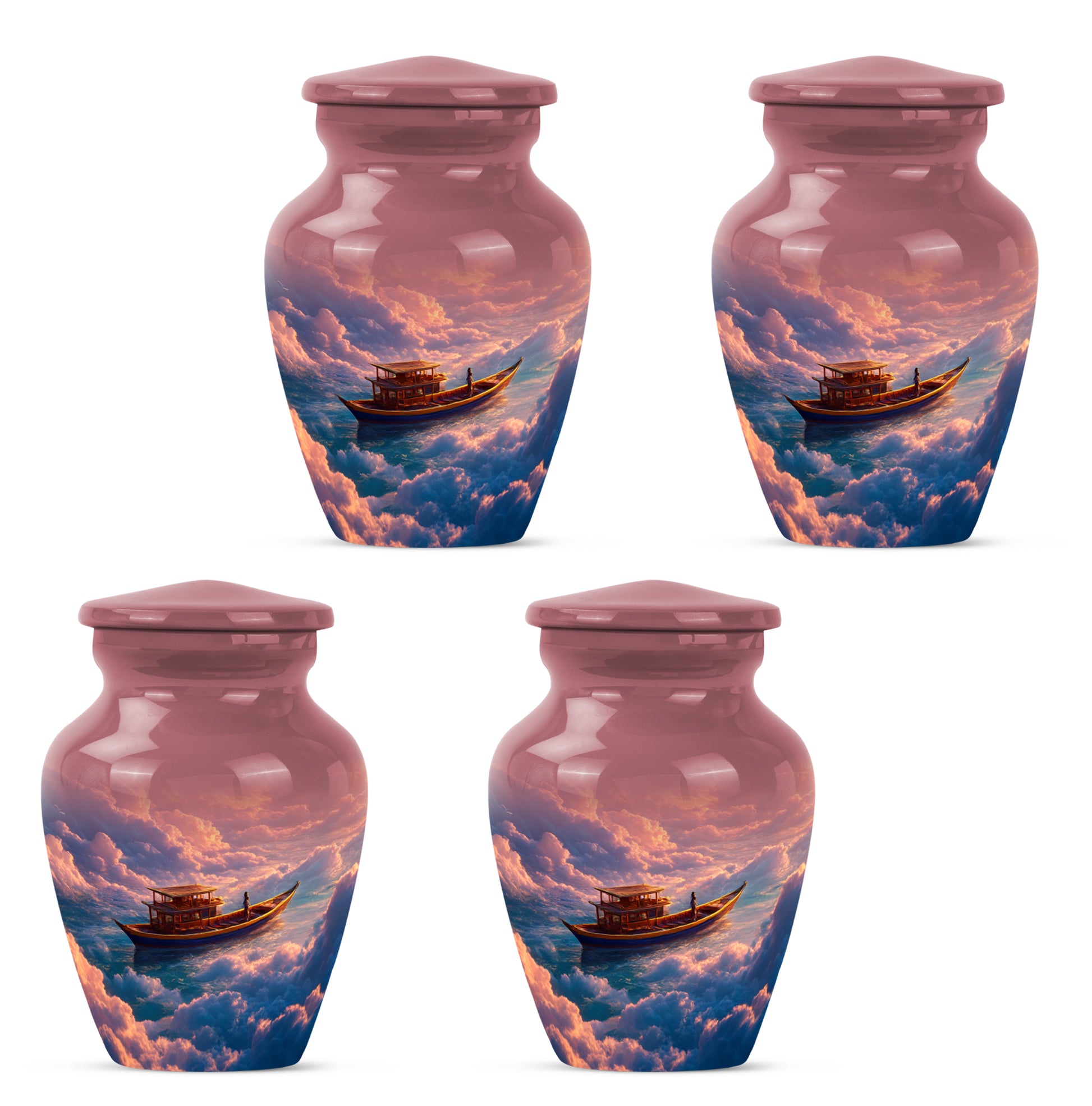 Burgundy Red Boat Cremation Urn side profile showing urn shape - timeless boat motif etched into premium metal - 10 inch aluminum urn for cremated remains